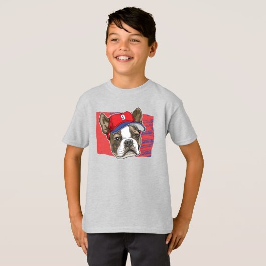 Boston Terrier Red Baseball Hat BKG T-shirt (Voorkant volledig)