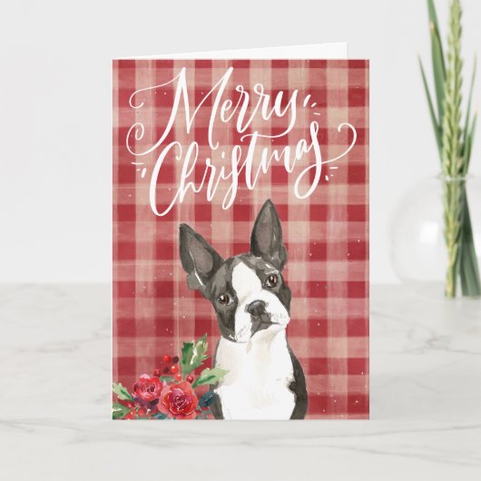 Boston Terrier Red Plaid Kerstmis Feestdagen Kaart (Voorkant)
