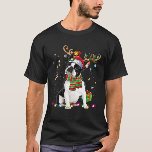 Boston Terrier Reindder Santa Hat Christmas Tree L T-shirt (Voorkant)