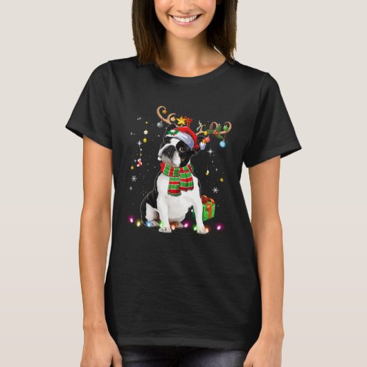Boston Terrier Reindder Santa Hat Christmas Tree L T-shirt (Voorkant)