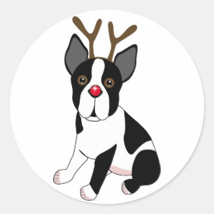 Boston Terrier Reindeer Ronde Sticker