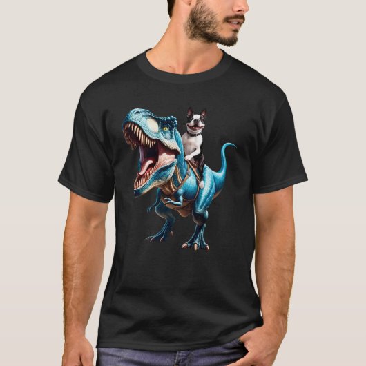 Boston Terrier Riding Dinosaur Funny Lover T-shirt (Voorkant)