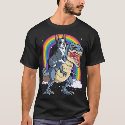 Boston Terrier Riding Dinosaur T rex T-shirt (Voorkant)