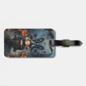 Boston Terrier Riding Motorfiets Halloween Eng Bagagelabel (Achterkant horizontaal)