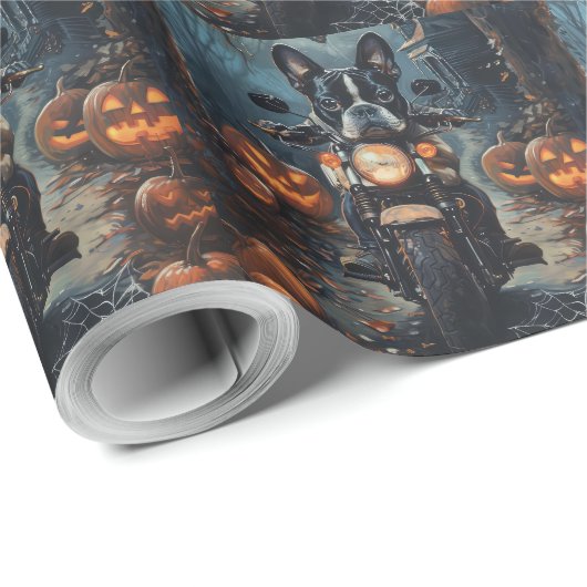 Boston Terrier Riding Motorfiets Halloween Eng Cadeaupapier (Rol Hoek)