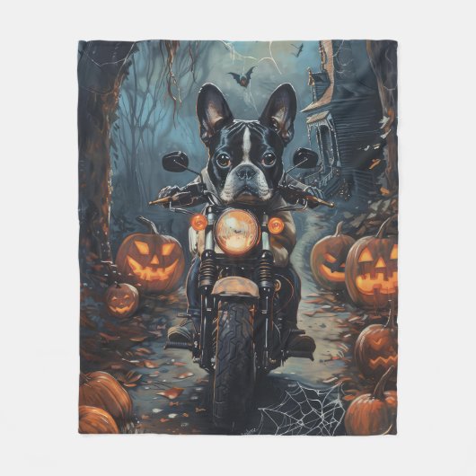 Boston Terrier Riding Motorfiets Halloween Eng Fleece Deken (Voorkant)