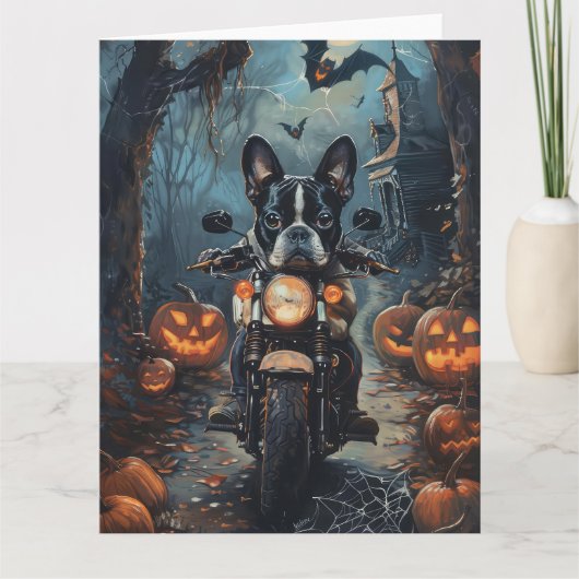 Boston Terrier Riding Motorfiets Halloween Eng Kaart (Voorkant)