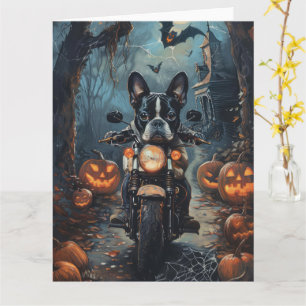 Boston Terrier Riding Motorfiets Halloween Eng Kaart
