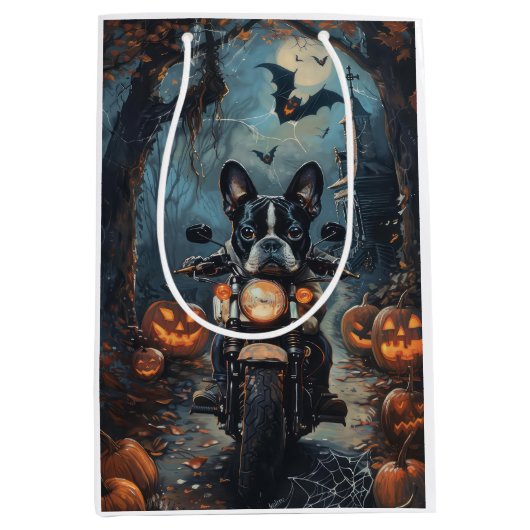Boston Terrier Riding Motorfiets Halloween Eng Medium Cadeauzakje (Voorkant)