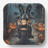 Boston Terrier Riding Motorfiets Halloween Eng Papieren Bordje (Voorkant)
