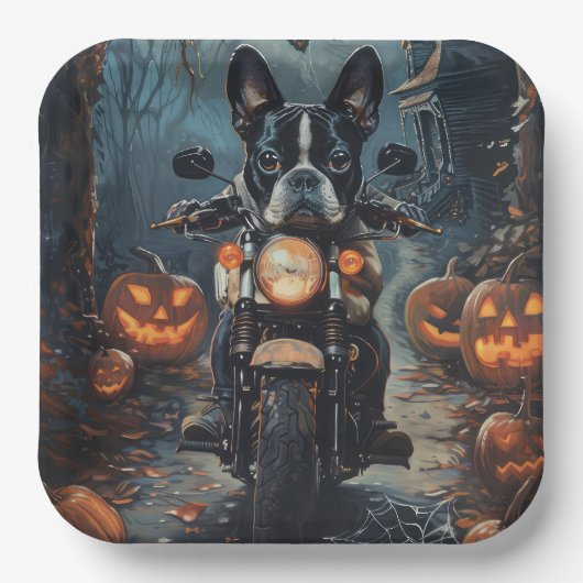 Boston Terrier Riding Motorfiets Halloween Eng Papieren Bordje (Voorkant)