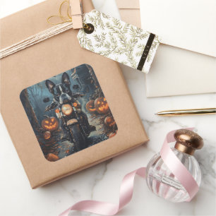 Boston Terrier Riding Motorfiets Halloween Eng Vierkante Sticker