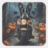 Boston Terrier Riding Motorfiets Halloween Eng Vierkante Sticker (Voorkant)