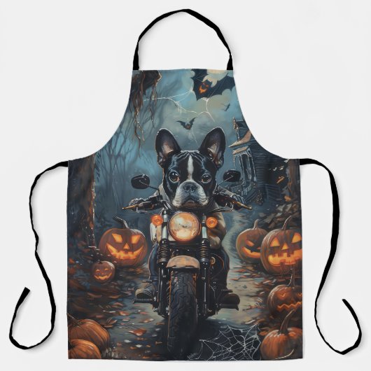 Boston Terrier rijdt op motorfiets Halloween eng Schort (Voorkant)
