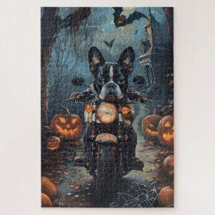 Boston Terrier rijdt op motorfiets Halloween griez Legpuzzel