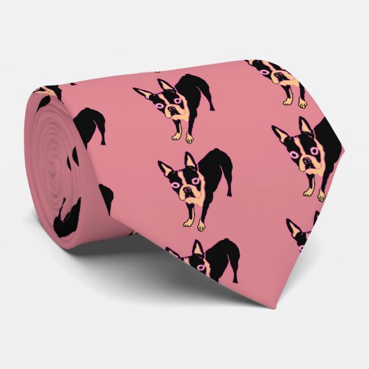 Boston Terrier (roze/blk) Stropdas (Opgerold)