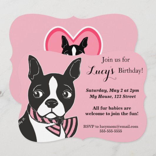 Boston Terrier Roze Verjaardag Custom Invitation Kaart (Voorkant / Achterkant)