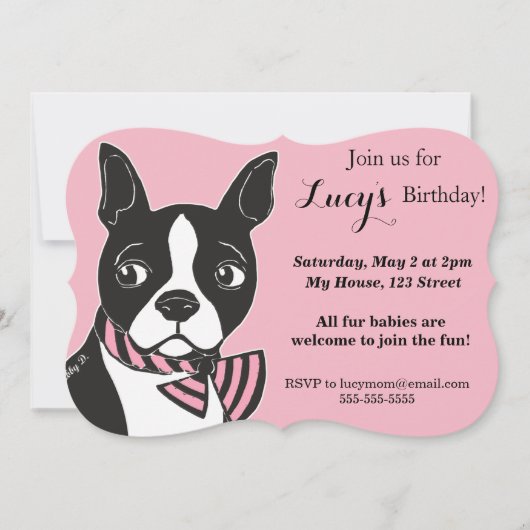 Boston Terrier Roze Verjaardag Custom Invitation Kaart (Voorkant)