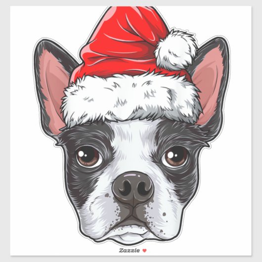 Boston Terrier Santa Dog Santa Hat Xmas Boys K Sticker (Vel)