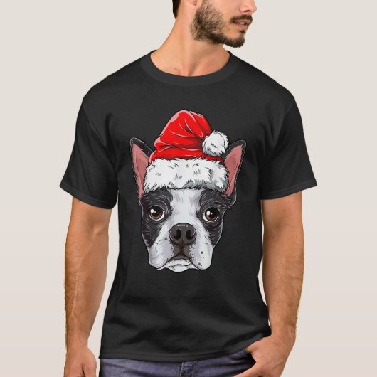 Boston Terrier Santa Dog Santa Hat Xmas Boys K T-shirt (Voorkant)