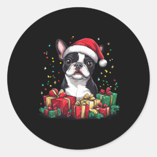 Boston Terrier Santa Hat Funny Christmas Bostie Do Ronde Sticker