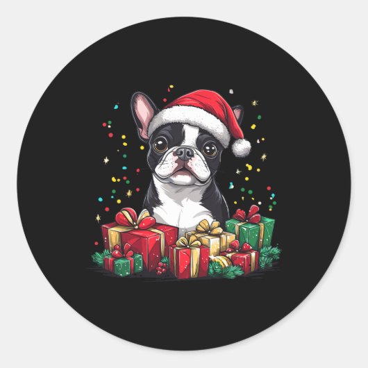 Boston Terrier Santa Hat Funny Christmas Bostie Do Ronde Sticker (Voorkant)