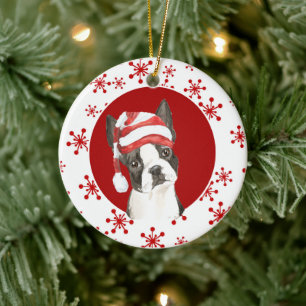 Boston Terrier Santa Hat Red Snowflake Keramisch Ornament