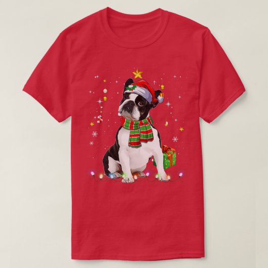 Boston Terrier Santa Kerstboom Licht Xmas Pa T-shirt (Design voorkant)