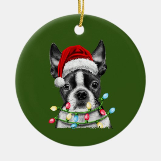 Boston Terrier Santa kerstboom - lights - Kerstmis Keramisch Ornament (Voorkant)