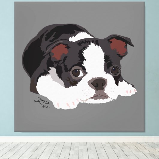 Boston Terrier Schattige Puppy Esthetische Fine Ar Canvas Afdruk (Insitu (Houten vloer))