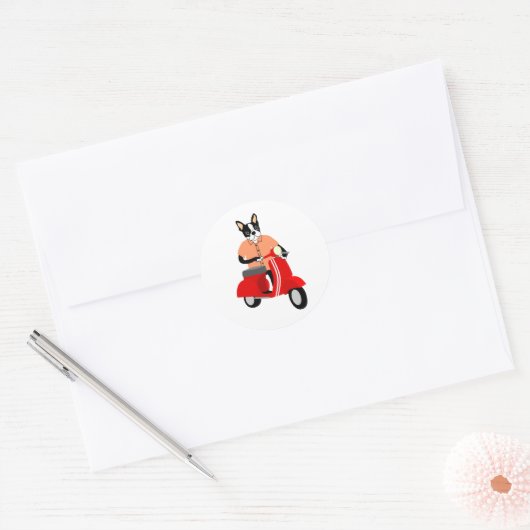 Boston Terrier Scooter Ronde Sticker (Envelop)