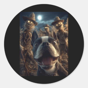 Boston Terrier Selfie Met Vogelverschrikkers Griez Ronde Sticker