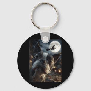 Boston Terrier Selfie Volle Maan Vliegende Heks Sleutelhanger