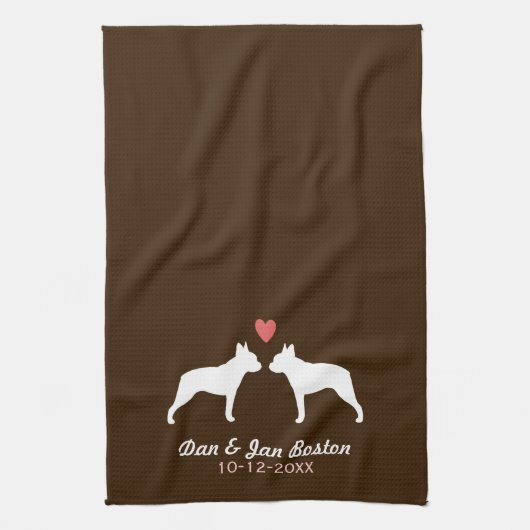 Boston Terrier Silhouettes met hart en tekst Theedoek (Verticaal)
