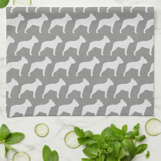 Boston Terrier Silhouettes Pattern Gray Theedoek (Gevouwen)