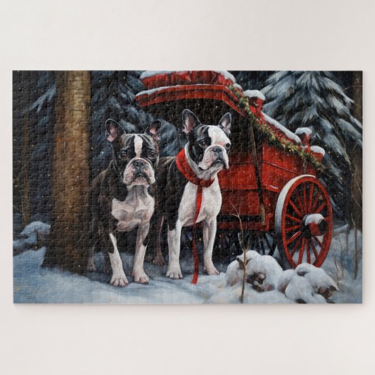 Boston Terrier Sneeuw Slede Kerst Decoratie Legpuzzel (Horizontaal)