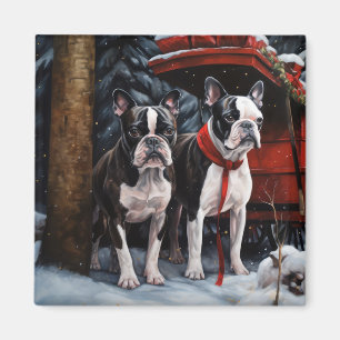 Boston Terrier Sneeuw Slede Kerst Decoratie Magneet