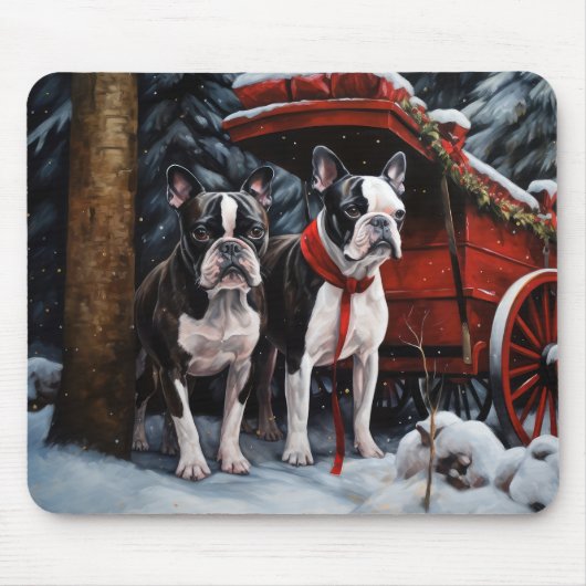 Boston Terrier Sneeuw Slede Kerst Decoratie Muismat (Voorkant)