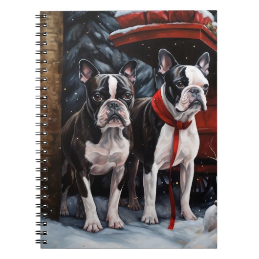 Boston Terrier Sneeuw Slede Kerst Decoratie Notitieboek (Voorkant)