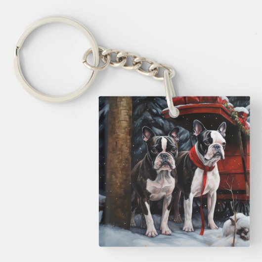 Boston Terrier Sneeuw Slede Kerst Decoratie Sleutelhanger (Voorkant)