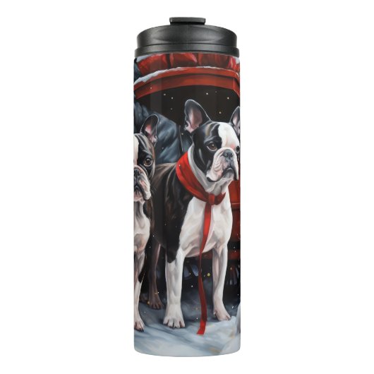 Boston Terrier Sneeuw Slede Kerst Decoratie Thermosbeker (Voorkant)