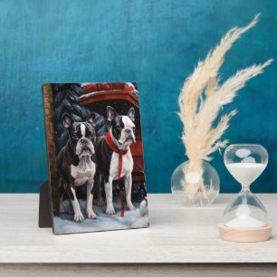 Boston Terrier Sneeuwrijke slee Kerstmis decoratie Fotoplaat