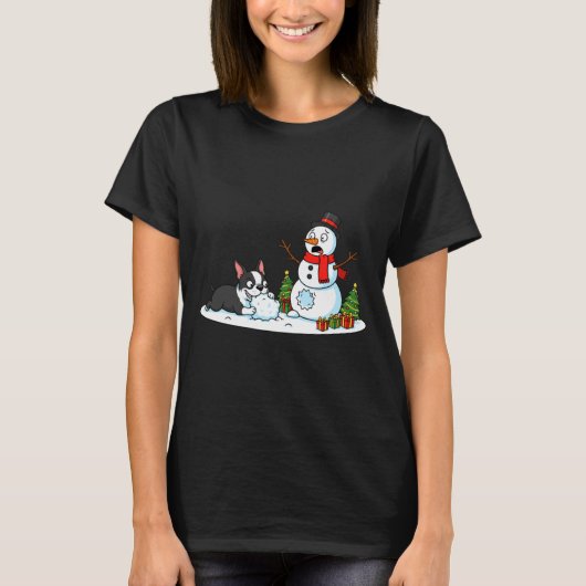 Boston Terrier Snowman Christmas Tree Xmas Womens T-shirt (Voorkant)