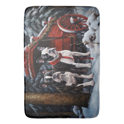 Boston Terrier Snowy Sleigh Kerst Decor Badmat (Voorkant Verticaal)