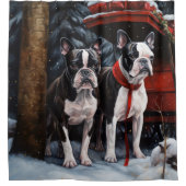 Boston Terrier Snowy Sleigh Kerst Decor Douchegordijn (Voorkant)