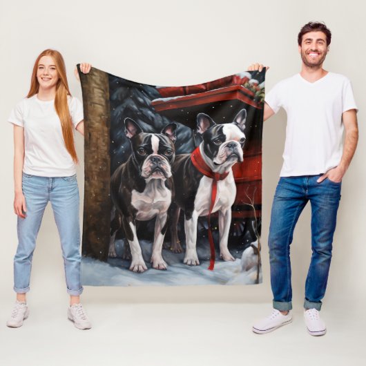 Boston Terrier Snowy Sleigh Kerst Decor Fleece Deken (In situ)
