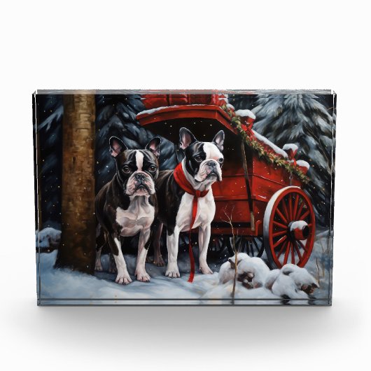 Boston Terrier Snowy Sleigh Kerst Decor Fotoblokken (Voorkant)