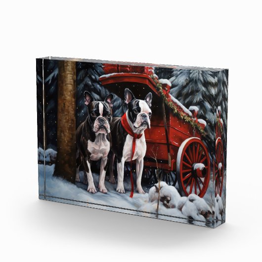 Boston Terrier Snowy Sleigh Kerst Decor Fotoblokken (Rechts)