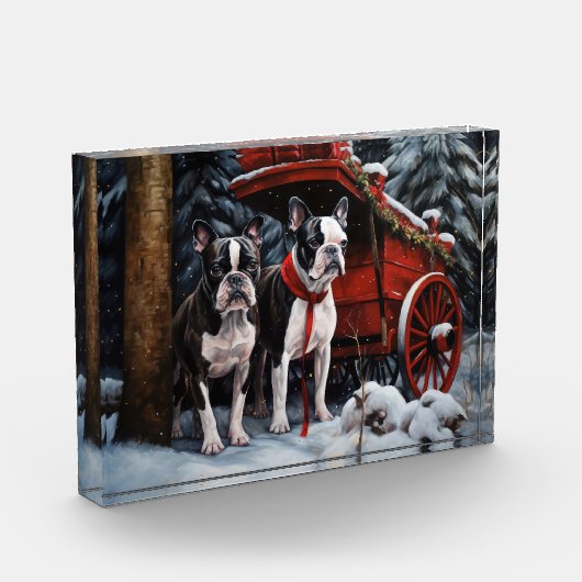 Boston Terrier Snowy Sleigh Kerst Decor Fotoblokken (Links)