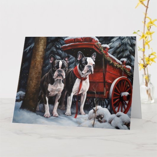 Boston Terrier Snowy Sleigh Kerst Decor Kaart (Gele Bloem)